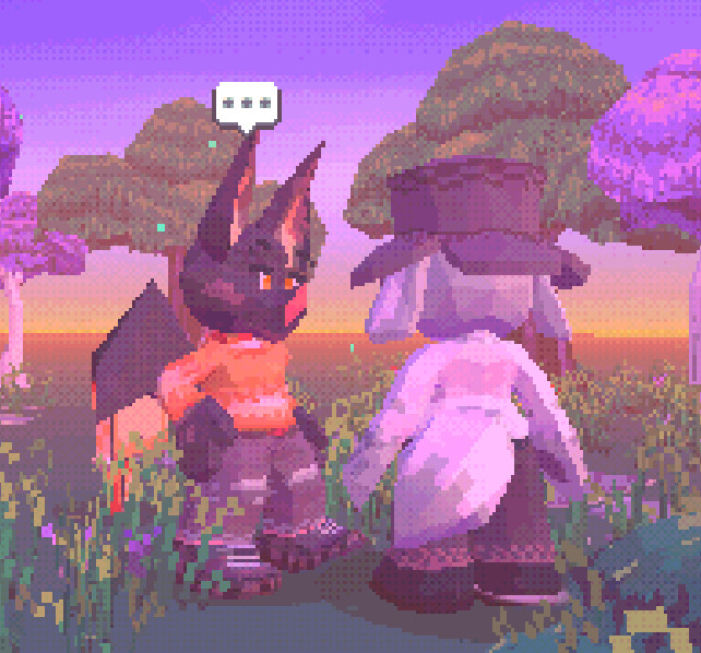 Primeira versão de protótipo. Da esquerda à direita, os personagens Sunset e Rover
